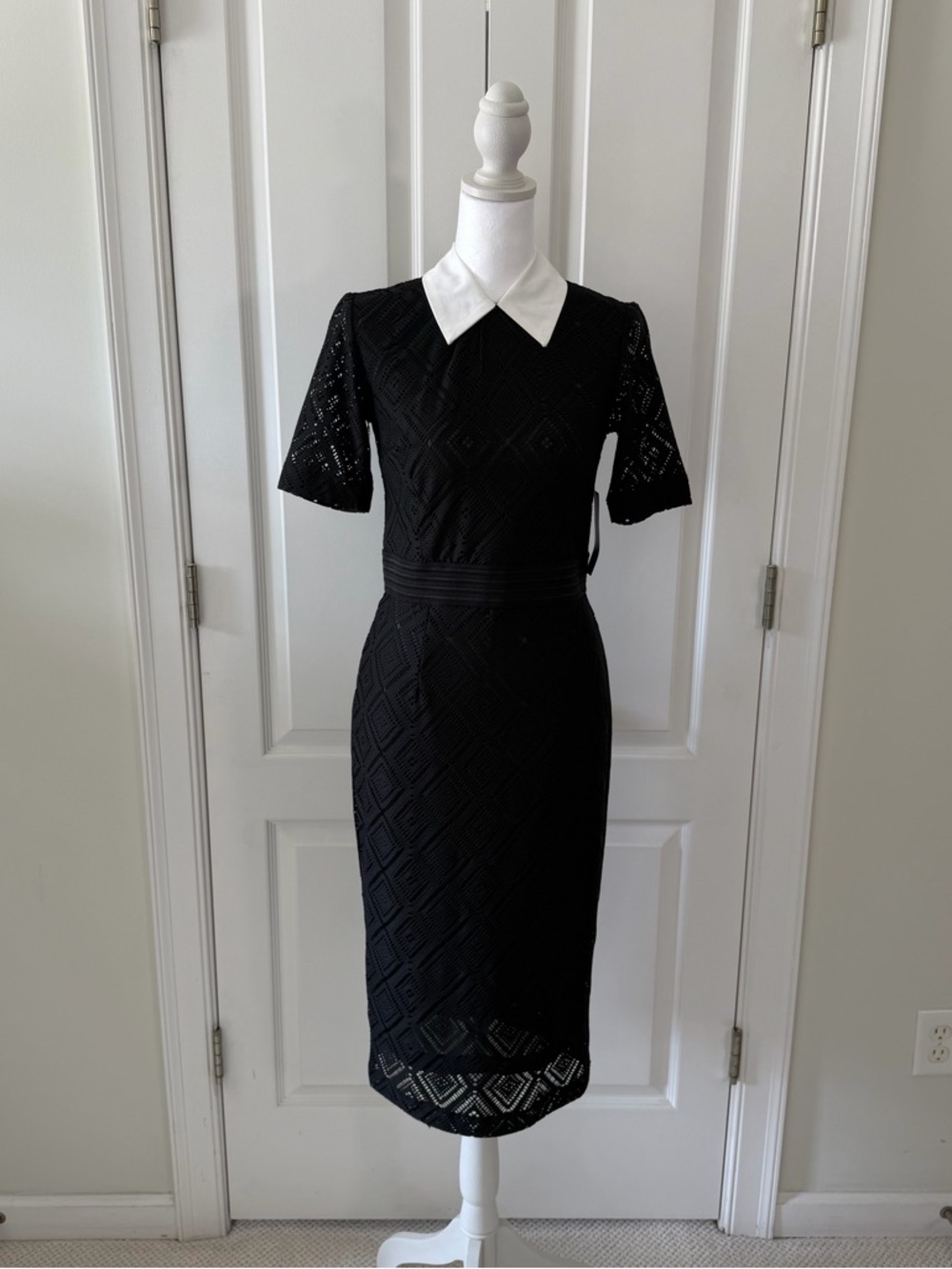 New York & Company Stretch Black Lace Midi Dress with White Collar